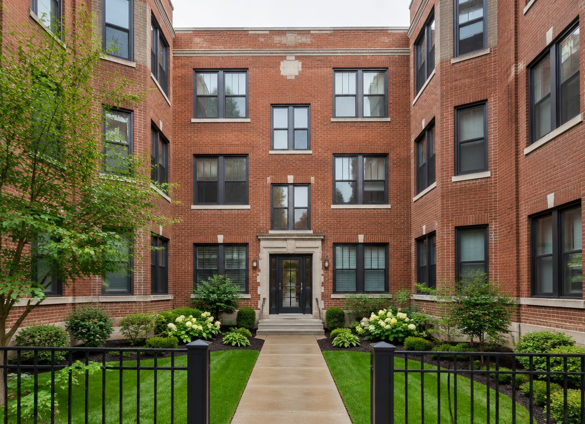 Renovated red brick courtyard apartment building with landscaped entry